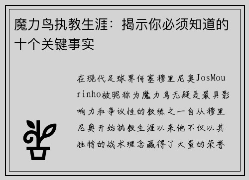 魔力鸟执教生涯:揭示你必须知道的十个关键事实 魔力鸟执教生涯:揭示你必须知道的十个关键事实